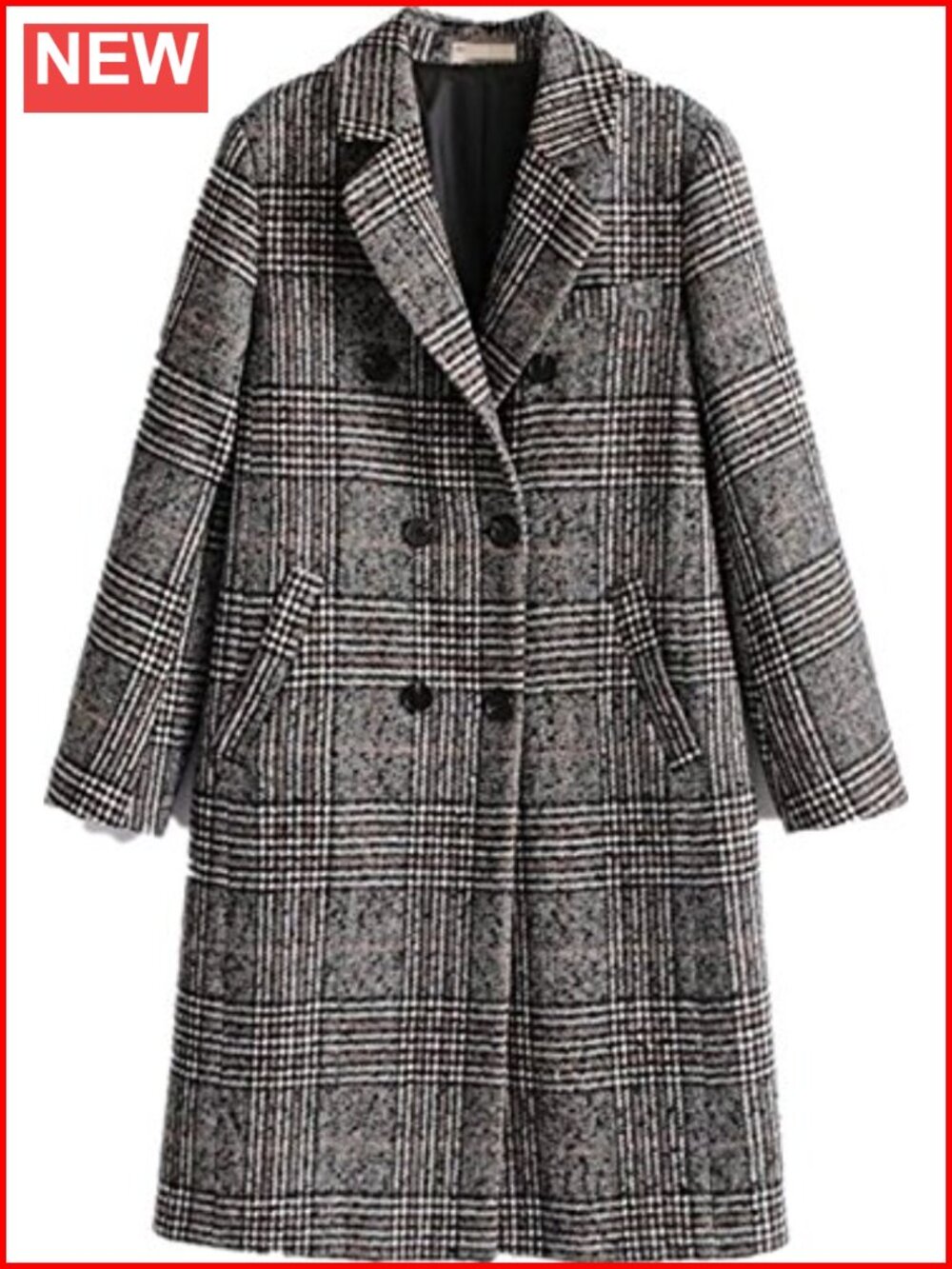 Women's Classic Plaid Double Breasted Wool Blend Long Overcoat
